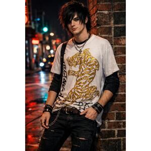 VTG Y2K Ed Hardy Gold Tiger Tee L Scene Emo Streetwear Mallcore
